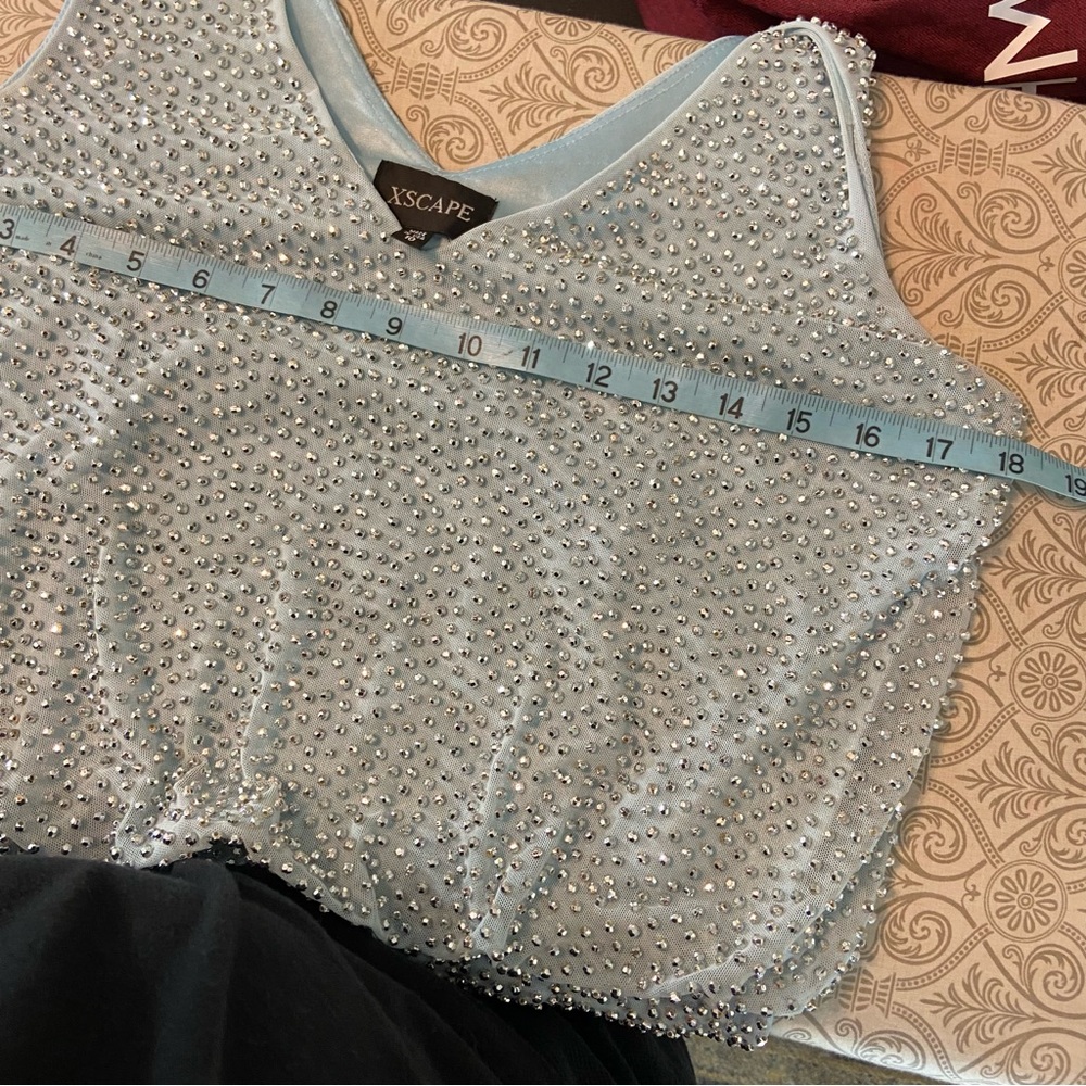 Xscape Light Blue Silver Metallic Beaded Cocktail Mini Dress Draped Size 10 - Picture 3 of 15